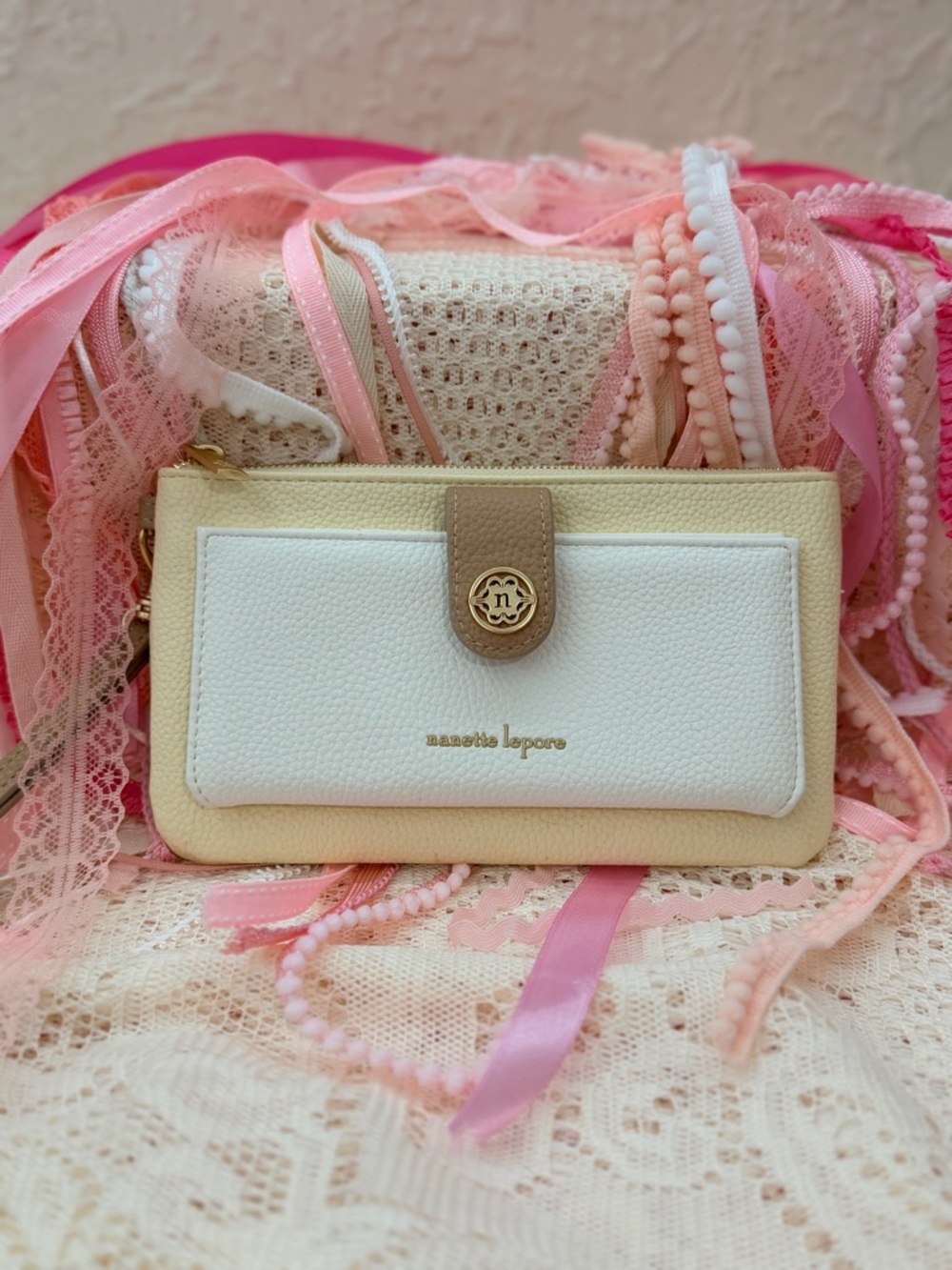 Nanette Lepore Cream, White & Taupe Leather Zip Wallet